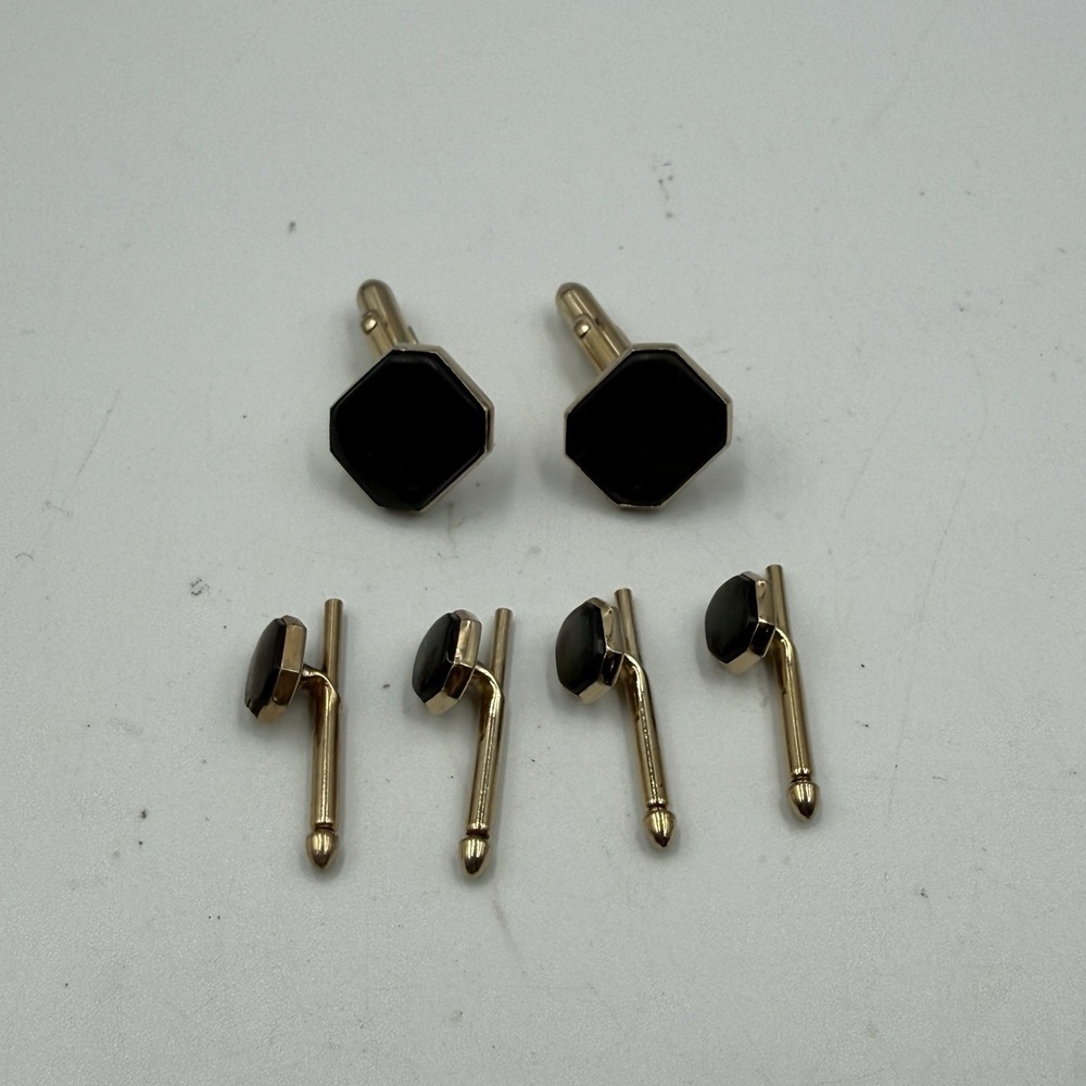 Vintage SWANK Black Onyx Cufflinks Tuxedo Shirt Stud Set Gold Tone 6 Piece